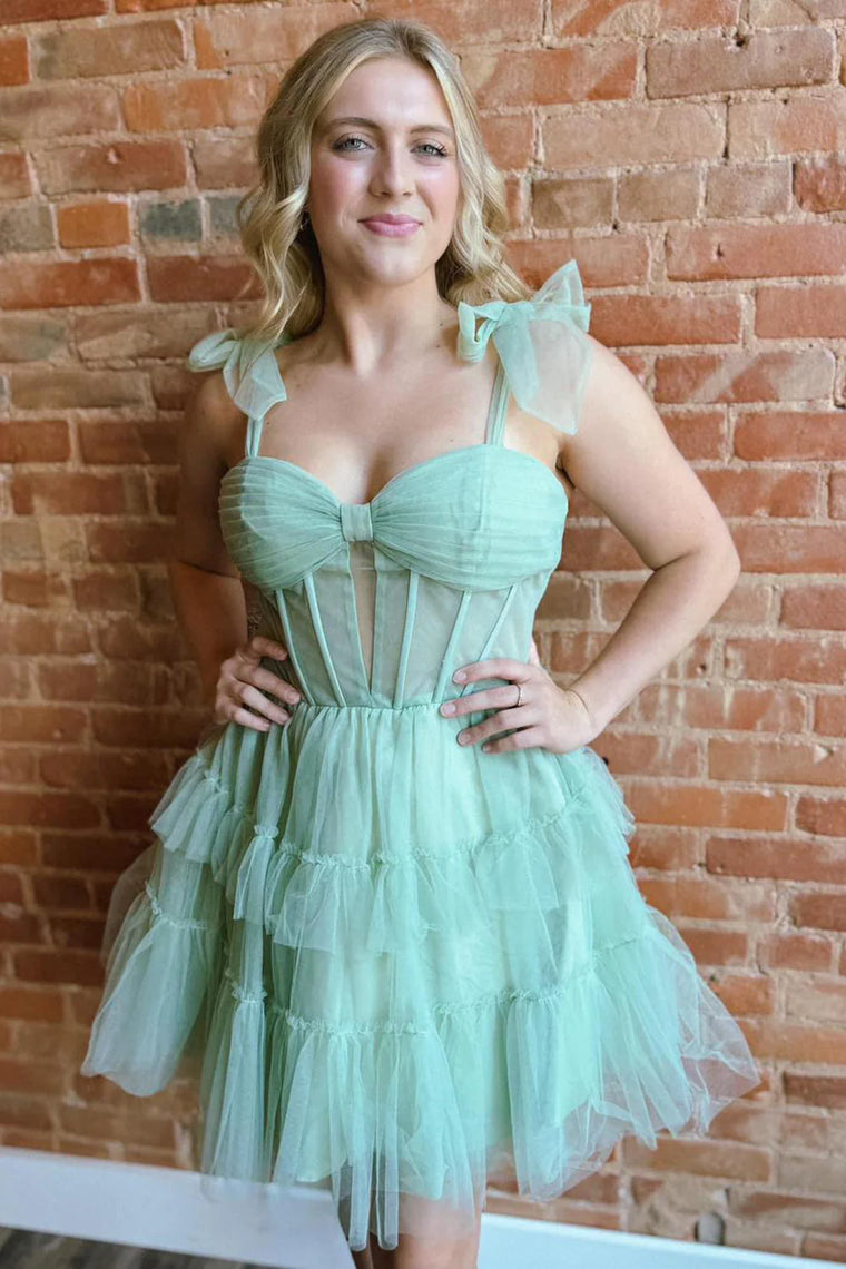 Bow Tie Mint Green Ruffle Tiered Short Dress – Vickidress
