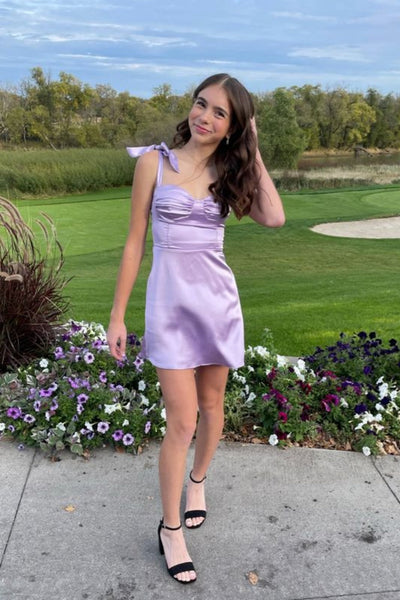 Bow Tie Lavender Ruched A-line Short Dress
