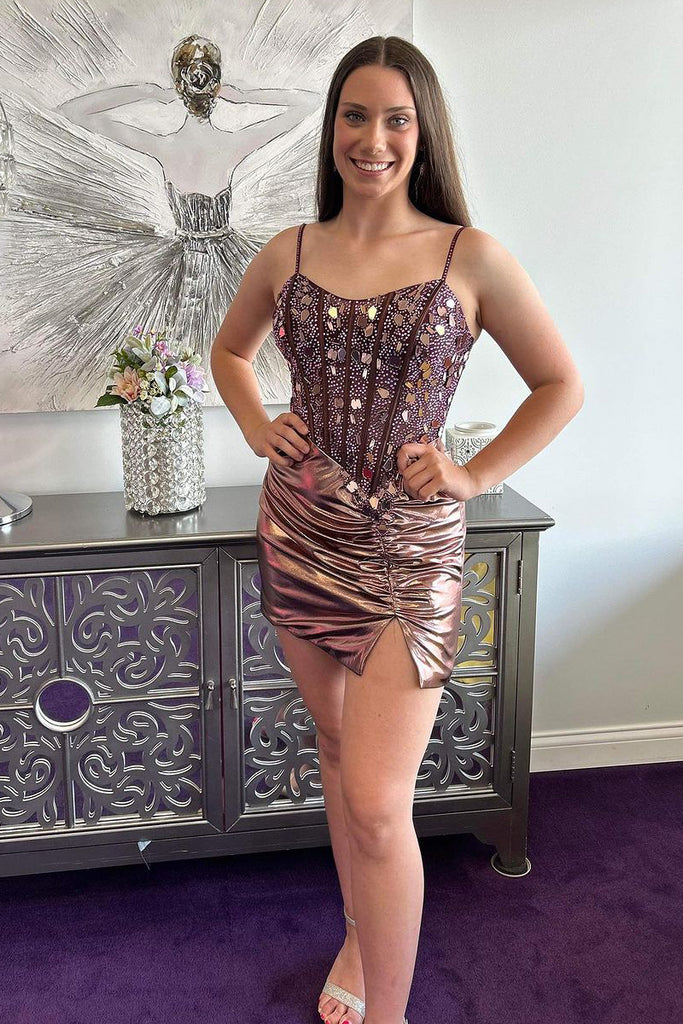 Brown V Neck Beaded Bodycon Short Homecoming Dresses with Slit VK24062101 Vickidress Brown V Neck Beaded Bodycon Short Homecoming Dresses with Slit VK24062101 Vickidress