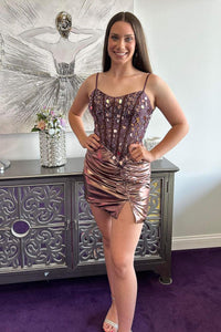 Brown V Neck Beaded Bodycon Short Homecoming Dresses with Slit VK24062101 – Vickidress