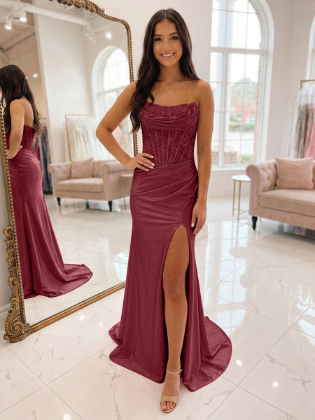 Romantic Pink Satin Corset Slit Prom Dress with Beaded Bodice