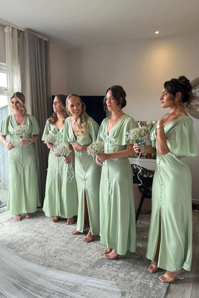 Cap Sleeve Sage Button Front Bridesmaid Dress