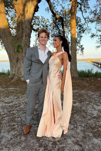 Cape Halter Peach Mermaid Long Dress with Slit