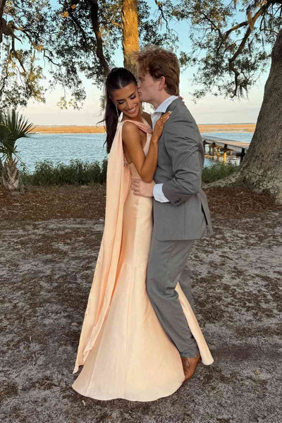 Cape Halter Peach Mermaid Long Dress with Slit