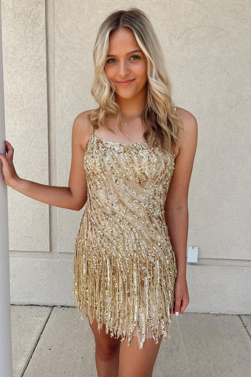 Champagne Sequins Scoop Neck Tight Homecoming Dress VK23090708 – Vickidress