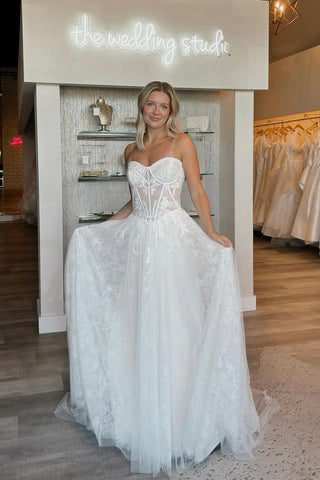 Charming A-Line Strapless Tulle Lace Wedding Dresses VK24051602