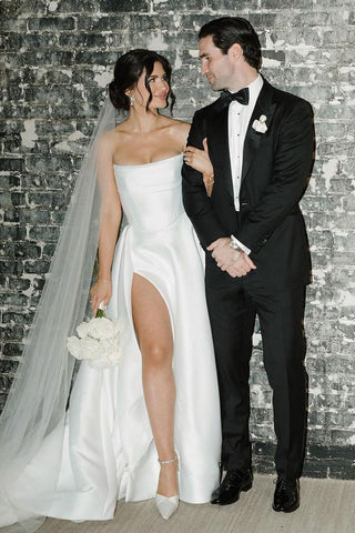 Charming A-Line Strapless White Satin Wedding Dresses with Slit VK24040503-1