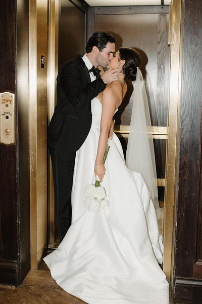 Charming A-Line Strapless White Satin Wedding Dresses with Slit VK24040503-2