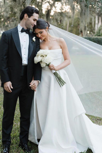 Charming A-Line Strapless White Satin Wedding Dresses with Slit VK24040503-3