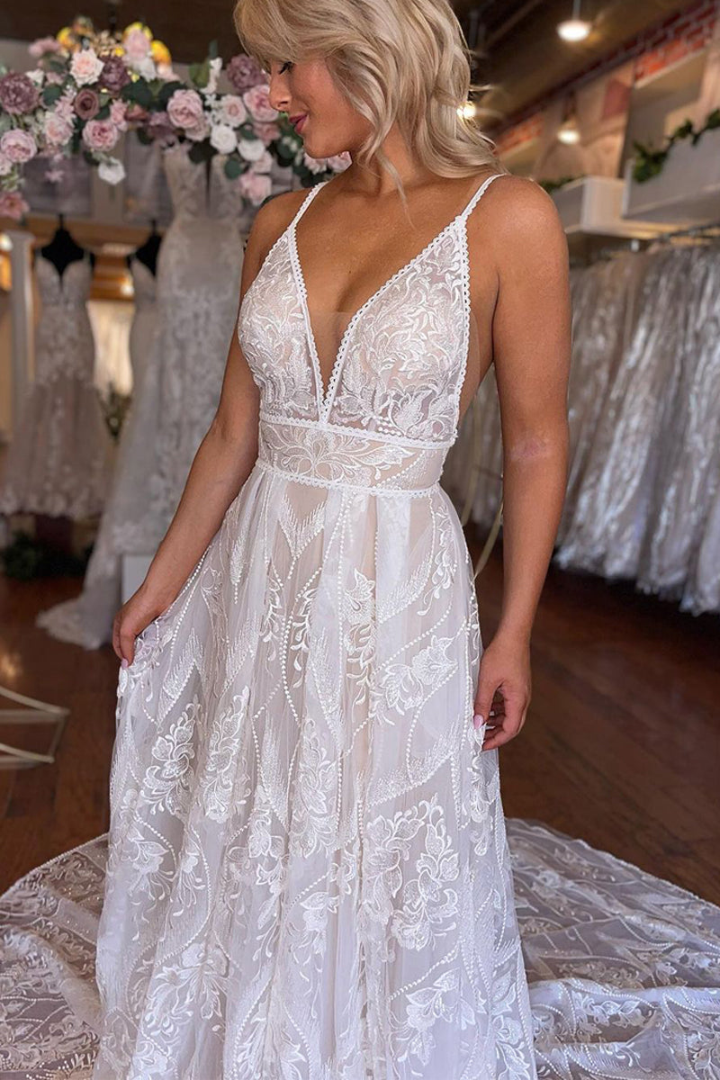 Charming A-Line V Neck Floral Lace Wedding Dresses VK23090904-1