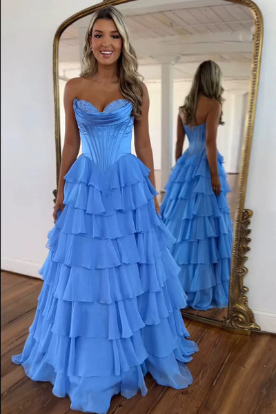 Sweet A Line Sweetheart Floral Printed Chiffon Tiered Prom Dresses with Slit VK24120402