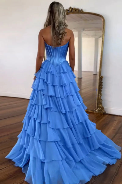 Sweet A Line Sweetheart Floral Printed Chiffon Tiered Prom Dresses with Slit VK24120402