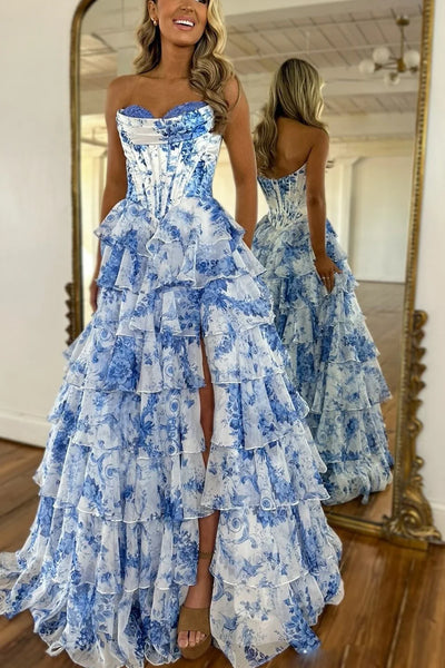 Charming A Line Sweetheart Blue Printed Chiffon Long Prom Dresses VK24102419