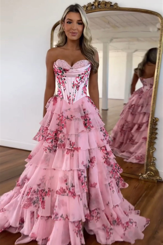 Sweet A Line Sweetheart Floral Printed Chiffon Tiered Prom Dresses with ...