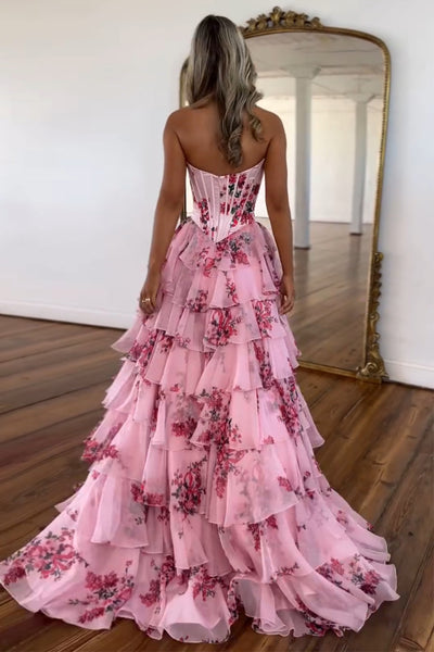 Sweet A Line Sweetheart Floral Printed Chiffon Tiered Prom Dresses with Slit VK24120402