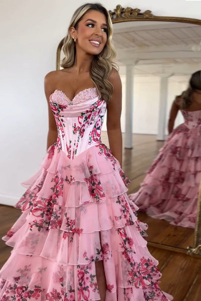 Sweet A Line Sweetheart Floral Printed Chiffon Tiered Prom Dresses with Slit VK24120402