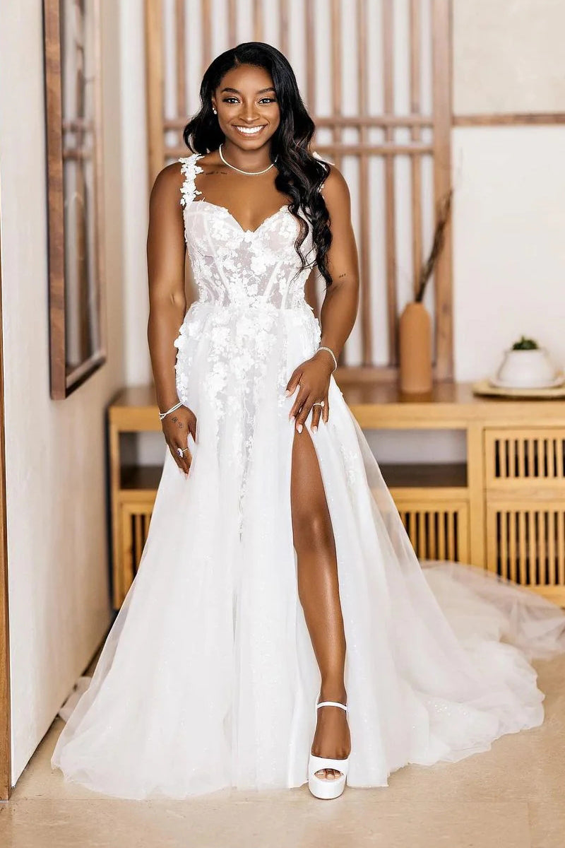 Charming A Line Sweetheart Tulle Long Wedding Dresses with Appliques VK23050901-1