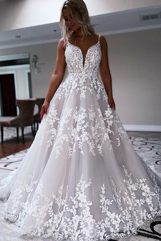  Charming Ball Gown V Neck Tulle Lace Wedding Dresses VK0731111-1