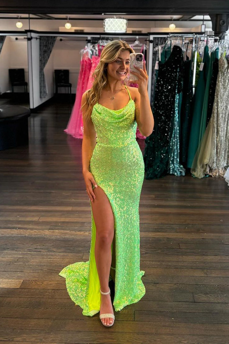 Charming Mermaid Cowl Neck Sequins Wedding Dresses with Slit VK073158-1