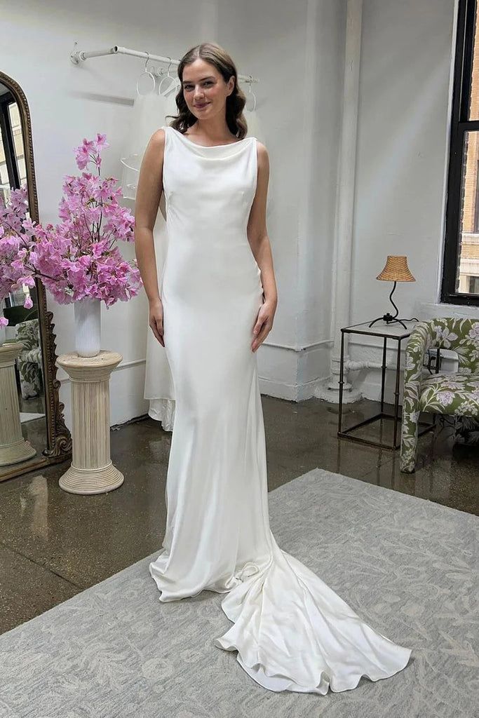 Charming Mermaid Cowl Neck Silk Satin Long Wedding Dresses VK23052007 Vickidress Charming Mermaid Cowl Neck Silk Satin Long Wedding Dresses VK23052007 Vickidress