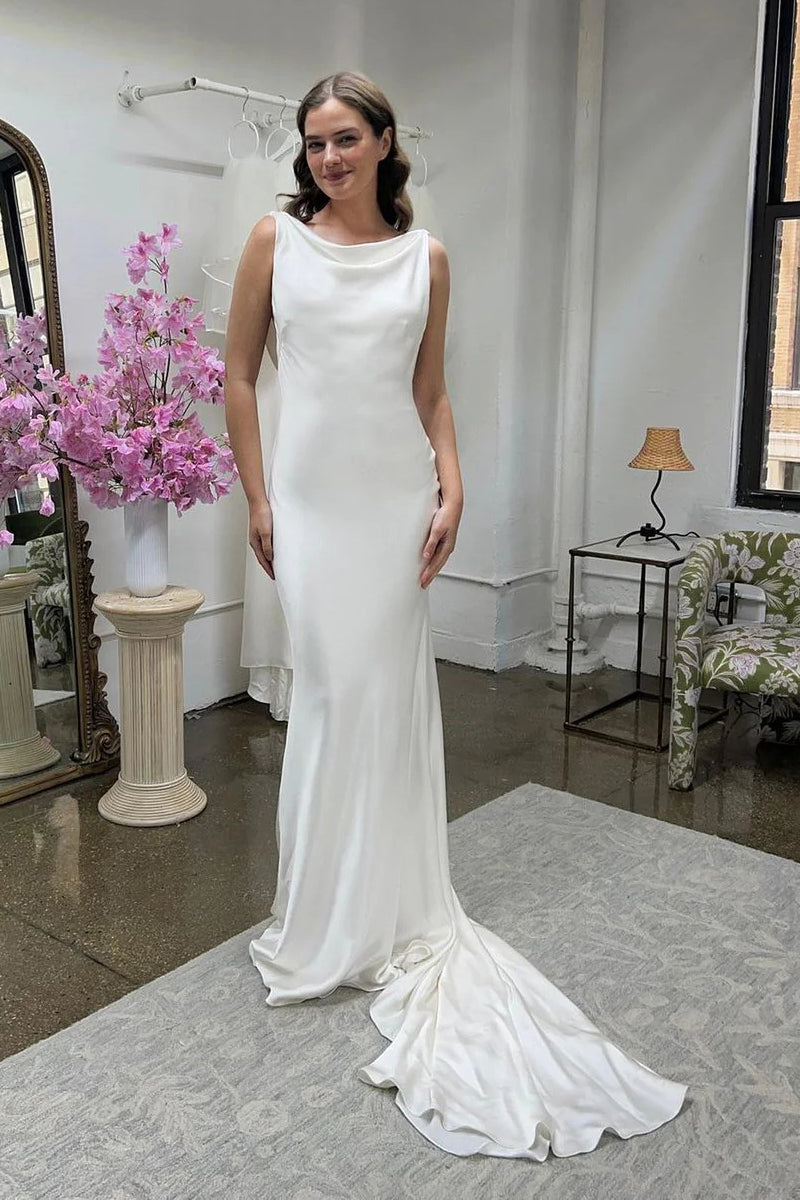 Charming Mermaid Cowl Neck Silk Satin Long Wedding Dresses VK23052007-1