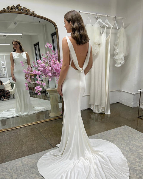 Charming Mermaid Cowl Neck Silk Satin Long Wedding Dresses VK23052007-2