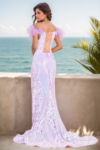Charming Mermaid Off the Shoulder Lavender Sequins Prom Dresses with Feather VK240731138-3