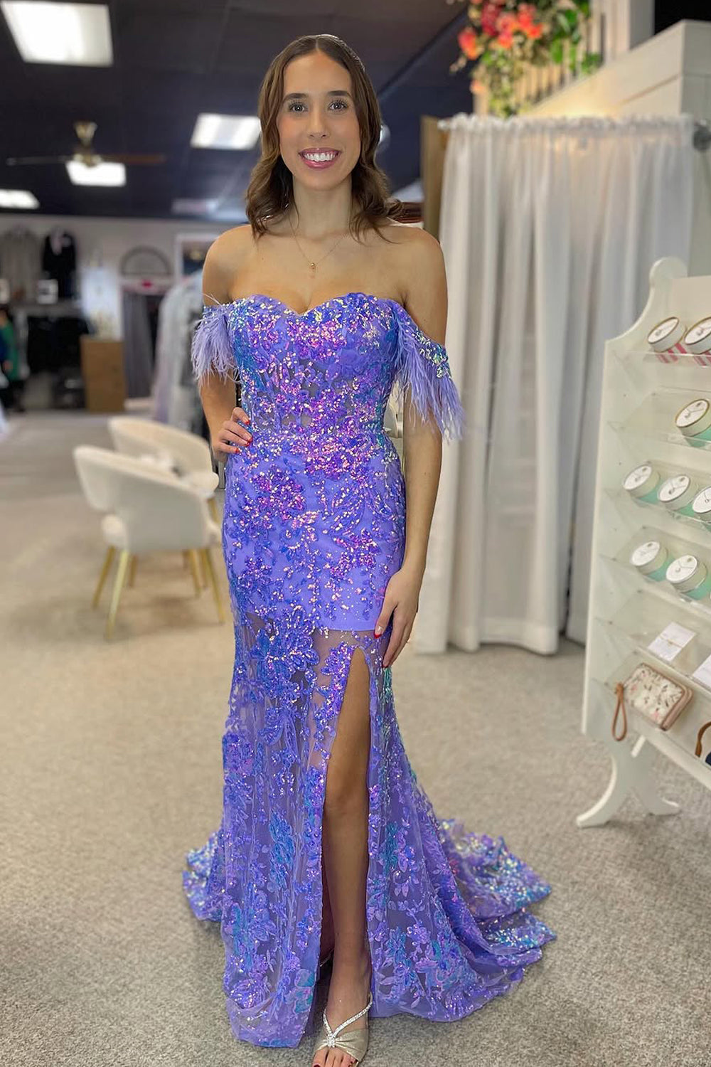 Charming Mermaid Off the Shoulder Light Purple Sequin Prom Dress VK1322805-1