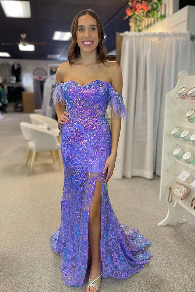 Charming Mermaid Off the Shoulder Light Purple Sequin Prom Dress VK1322805-1