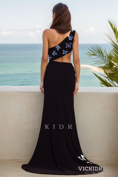 Charming Mermaid One Shoulder Black Elastic Satin Prom Dress with Beaded VK073180-4