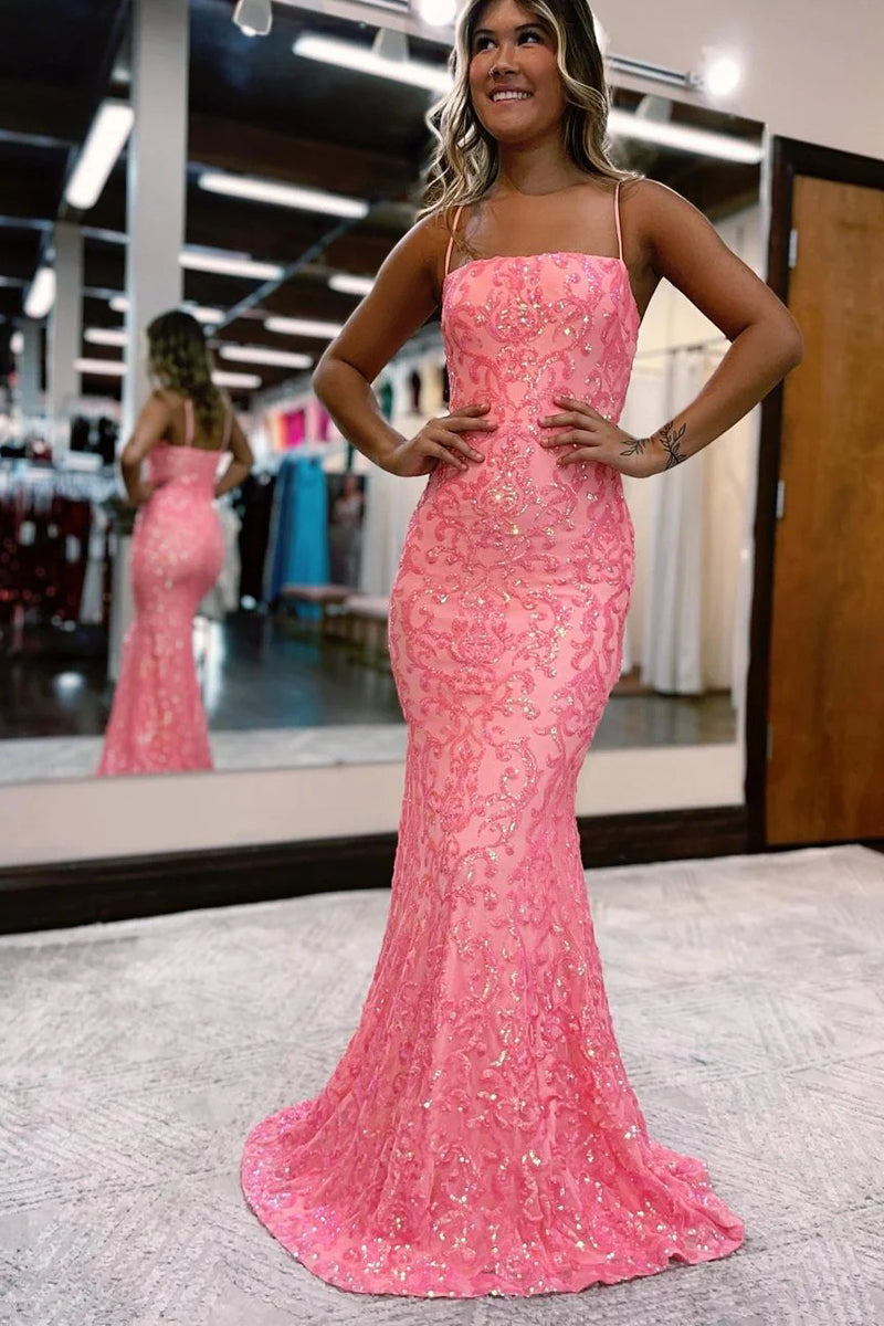 Charming Mermaid Straps Coral Sequins Lace Long Prom Dresses VK10301 – Vickidress