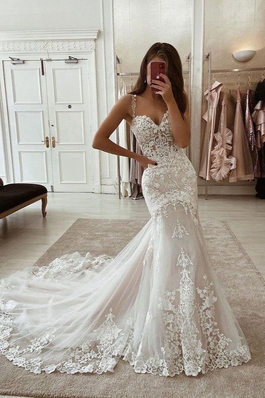 lace mermaid sweetheart neckline wedding dress Sweetheart Neckline Lace Mermaid Wedding Dress With Ruffles WD464 US2 / Ivory