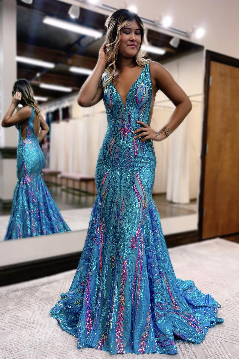 Mermaid V Neck Blue Sequin Lace Long Prom Dresses VK23100607 Vickidress Mermaid V Neck Blue Sequin Lace Long Prom Dresses VK23100607 Vickidress