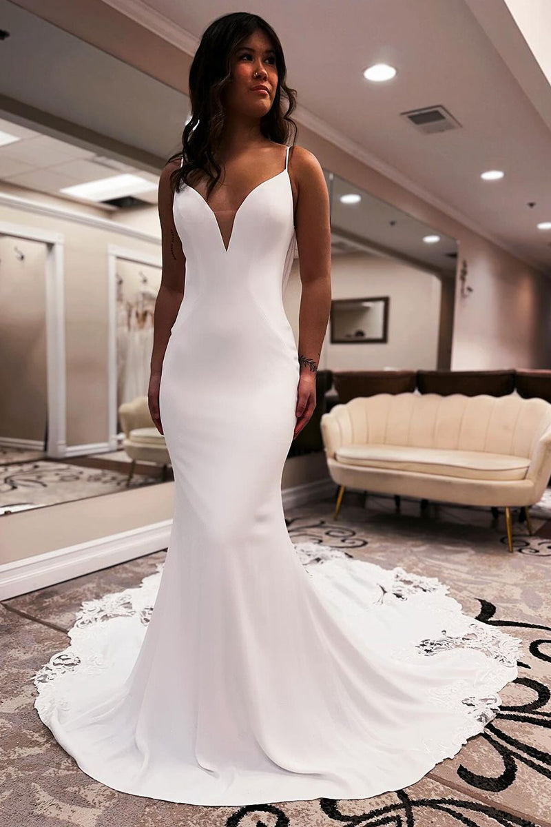 Charming Mermaid V Neck Elastic Satin Wedding Dress with Appliques VK24052902-1