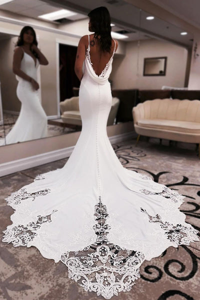 Charming Mermaid V Neck Elastic Satin Wedding Dress with Appliques VK24052902-2
