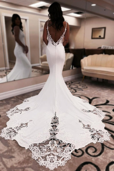 Charming Mermaid V Neck Elastic Satin Wedding Dress with Appliques VK24052902-4