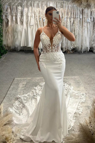 Charming Mermaid V Neck Elastic Satin Wedding Dresses with Appliques VK073199-1