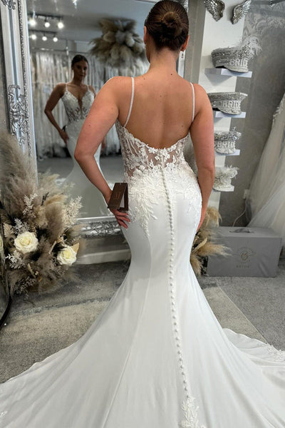 Charming Mermaid V Neck Elastic Satin Wedding Dresses with Appliques VK073199-2