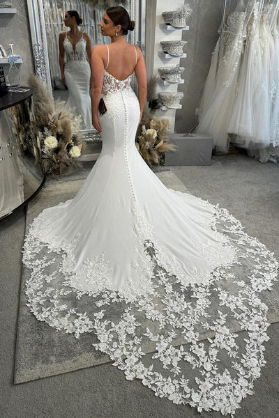 Charming Mermaid V Neck Elastic Satin Wedding Dresses with Appliques VK073199-3