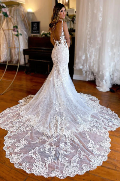 Charming Mermaid V Neck Lace Beach Wedding Dresses VK4091205