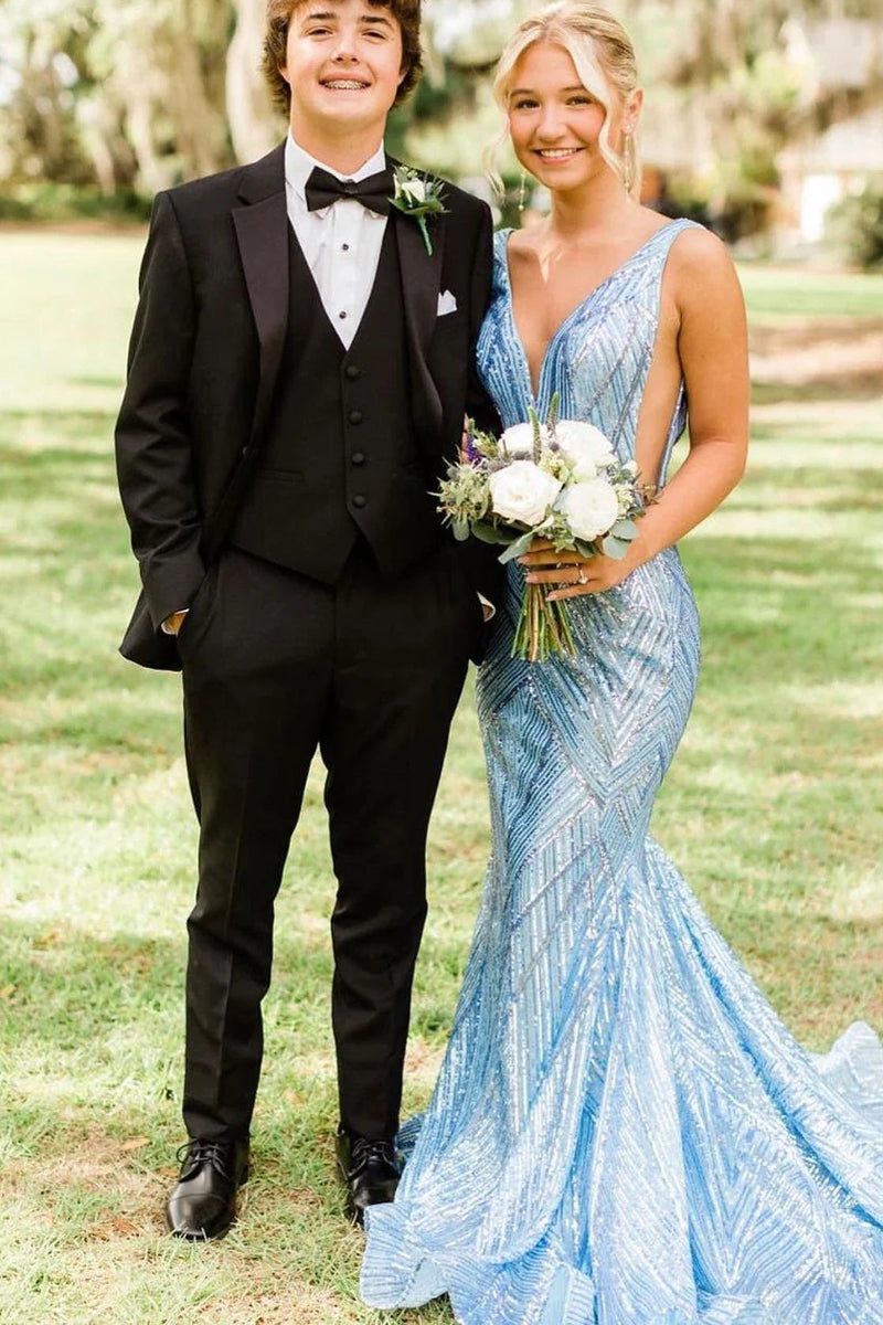 Charming Mermaid V Neck Light Blue Sequins Long Prom Dresses VK23052208