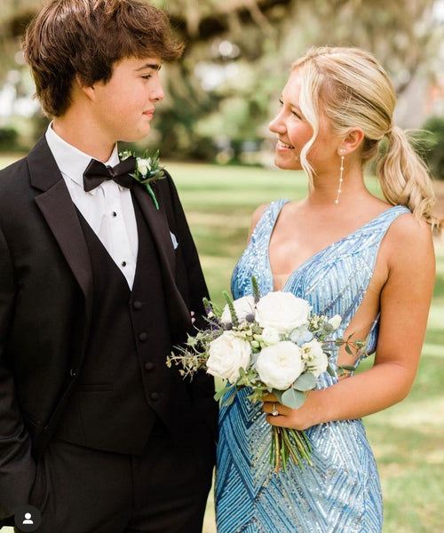Charming Mermaid V Neck Light Blue Sequins Long Prom Dresses VK23052208