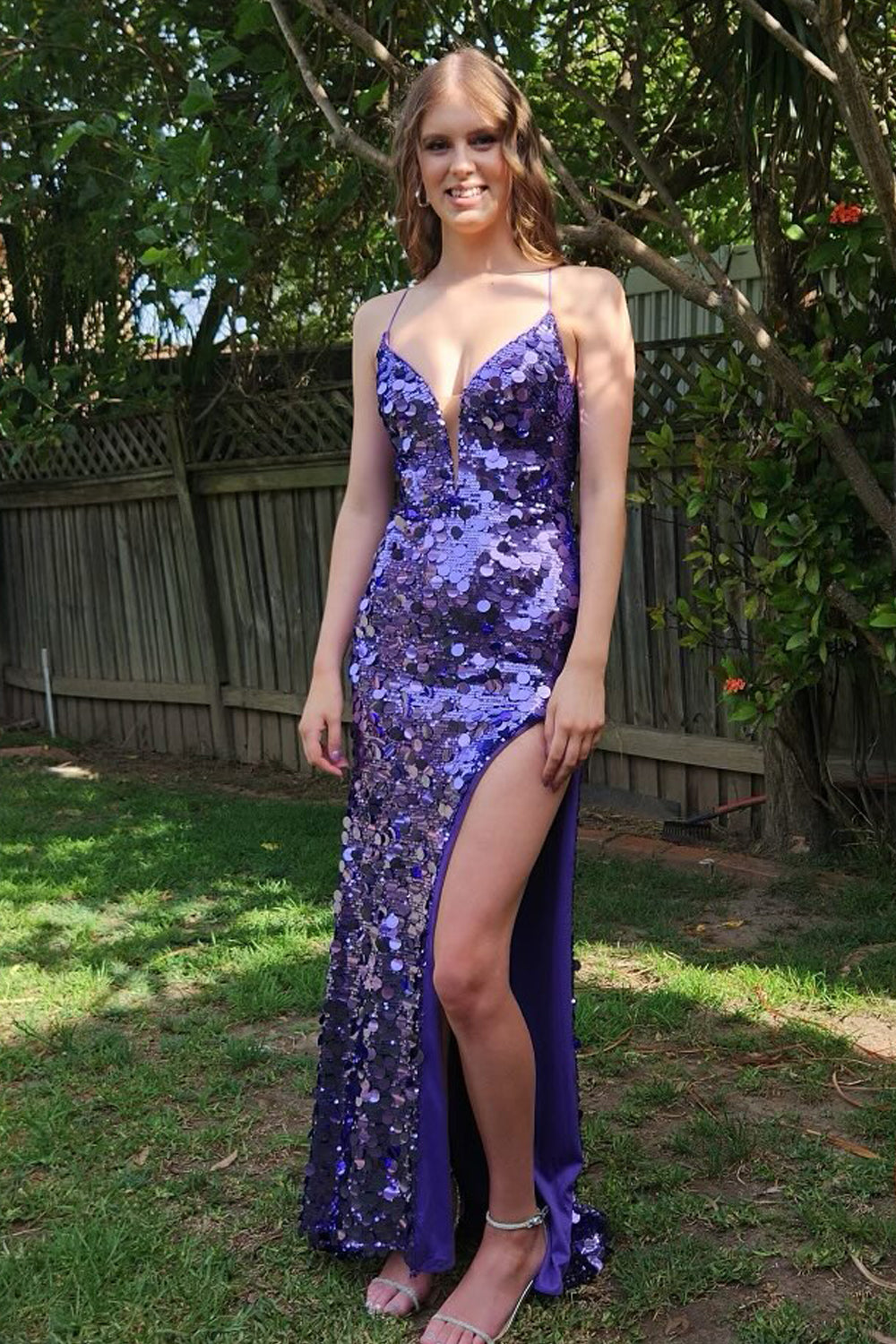 Charming Mermaid V Neck Purple Sequin Slit Prom Dress VK1322801-1