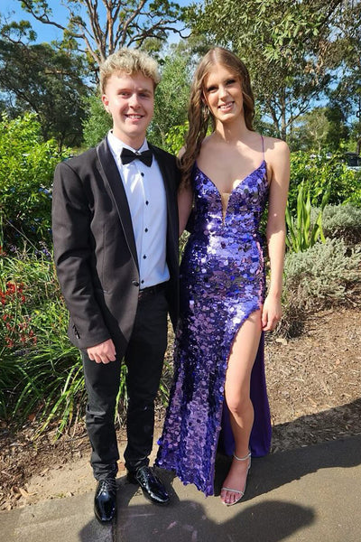 Charming Mermaid V Neck Purple Sequin Slit Prom Dress VK1322801-2