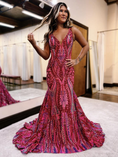 Charming Mermaid V Neck Blue Sequin Lace Long Prom Dresses VK23100607-3
