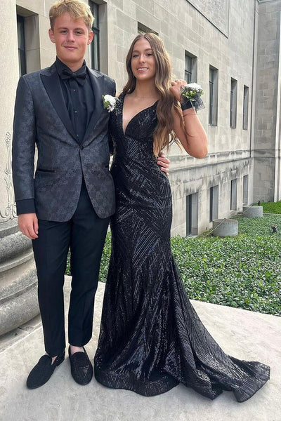 Cute Mermaid V Neck Black Sequins Lace Long Prom Dresses Evening Dresses