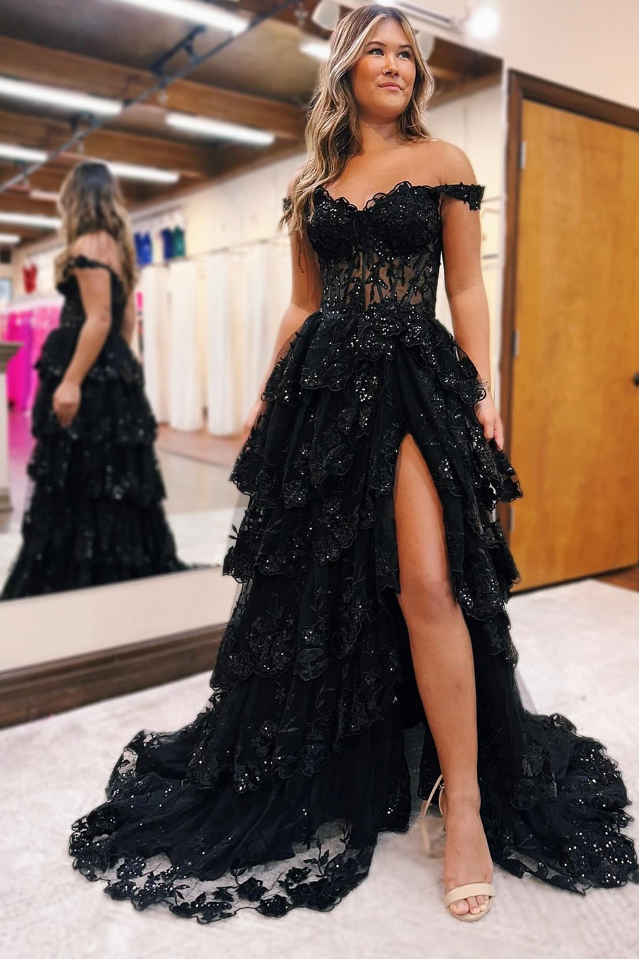 Charming Off-the-Shoulder Black Appliques Ruffle Long Prom Dresses VK23122111