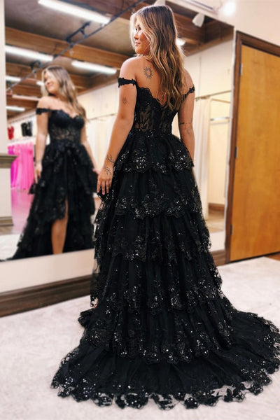 Charming Off-the-Shoulder Black Appliques Ruffle Long Prom Dresses VK23122111