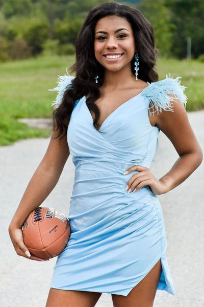 Charming V Neck Satin Short Tight Homecoming Dress with Feather VK23061301