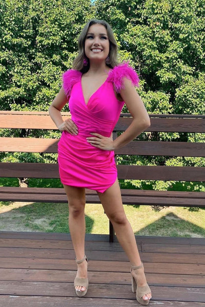 Charming V Neck Satin Short Tight Homecoming Dress with Feather VK23061301